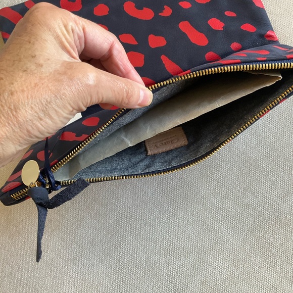 Clare V Supreme Foldover Clutch Navy Nub W/ Poppy Jaguar Print Limited Edition